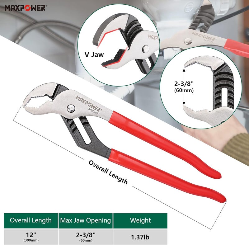 Max Power Groove Joint Pliers Set, 8 inch and 12 inch Quick Adjustable Serrtated V Jaw Tongue and Groove Pliers - Image 2